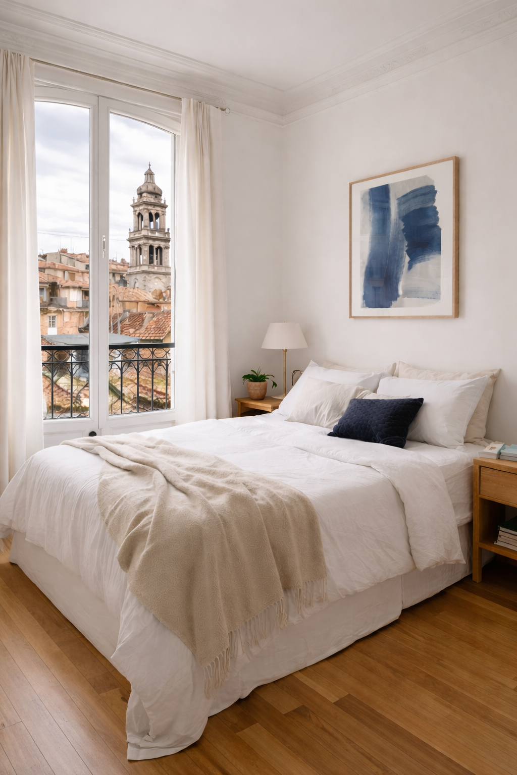 Photo d'une chambre en Provence, avec vue sur les toits et le clocher d'une église. Générée par IA.