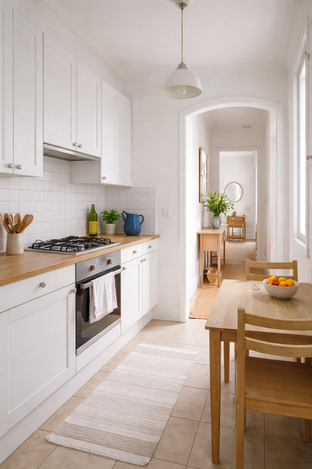 Photo d'une cuisine baignée de lumière, donnant sur un couloir. Générée par IA