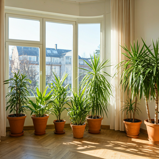 appartement français donnant sur un salon ensoleillé, rempli de plantes