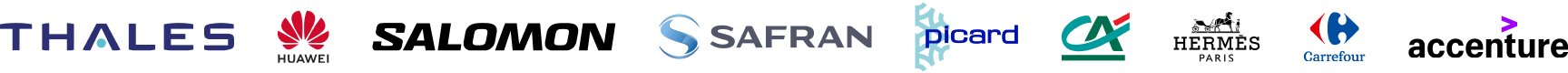 carousel des entreprises avec lesquelles on eu la chance de travailler : Salomon, Thales, Picard, Carrefour, Huawei, Credit Agricole