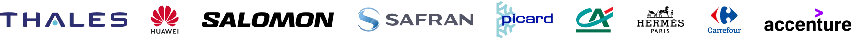 Logos des entreprises partenaires : Salomon, Thales, Picard, Carrefour, Huawei, Crédit Agricole